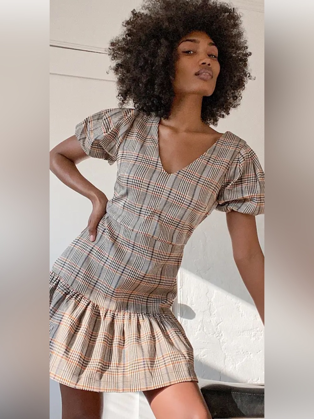 Lulu's Plaid V-Neck Puff Sleeve Midi Dress in Beige, Black and Tan